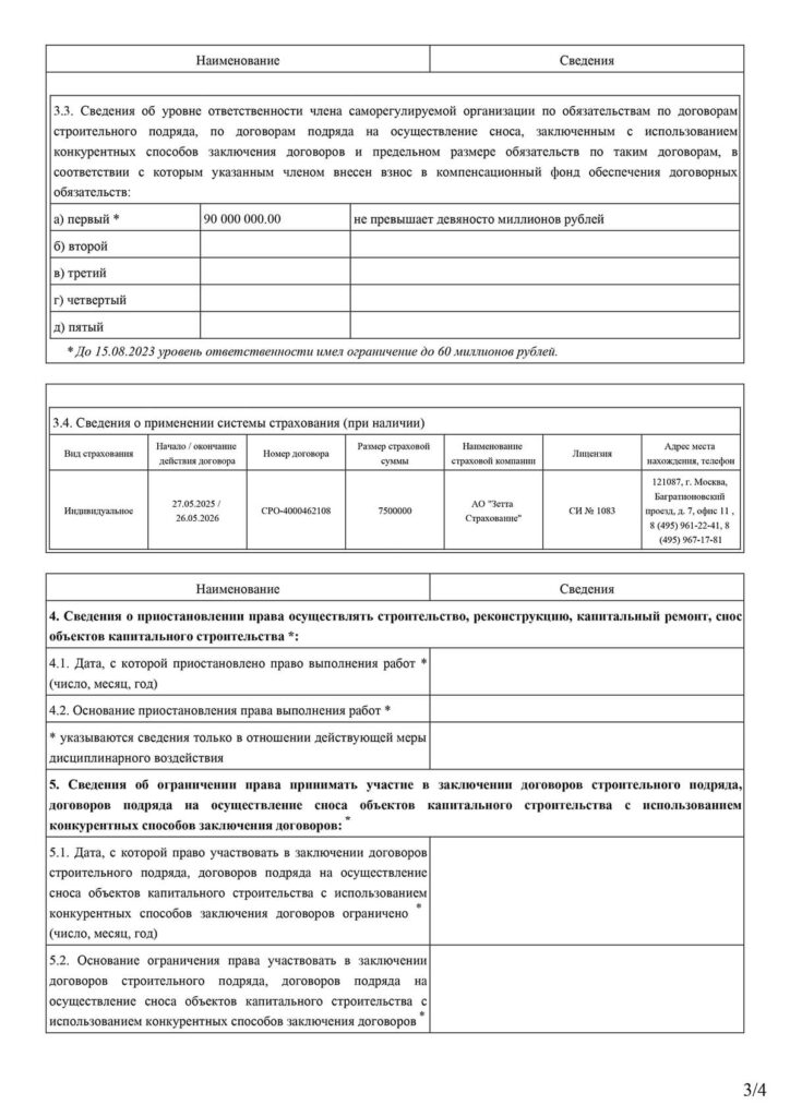 Сведения о компенсационном фонде и уровне ответственности СРО ООО Альянс Строй