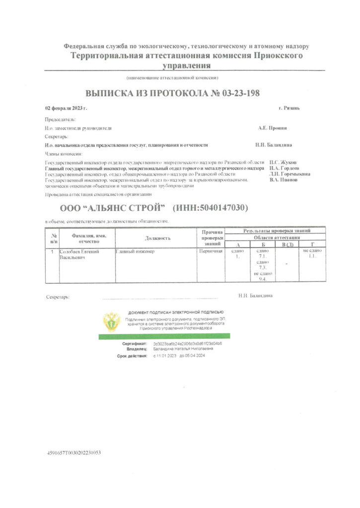 Выписка из протокола аттестации Ростехнадзора специалиста ООО Альянс Строй Солобаева Евгения Васильевича